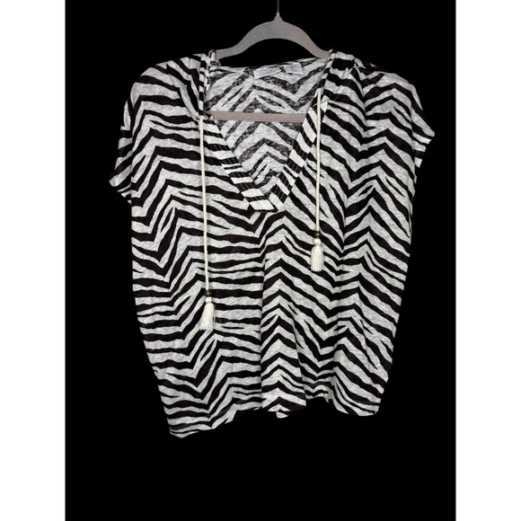 Sigrid Olsen Tops - Sigrid Olsen Zebra Print 100% Linen Hooded V-Neck Tassel Top Brown White L